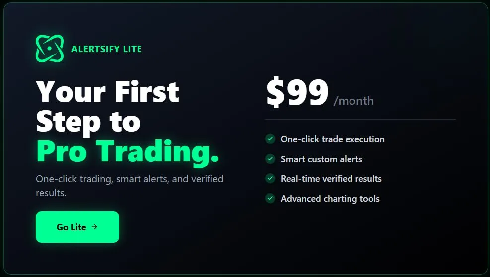 Promotional cover image for Alertsify Lite, a copy-trading and trade-execution platform for new traders.