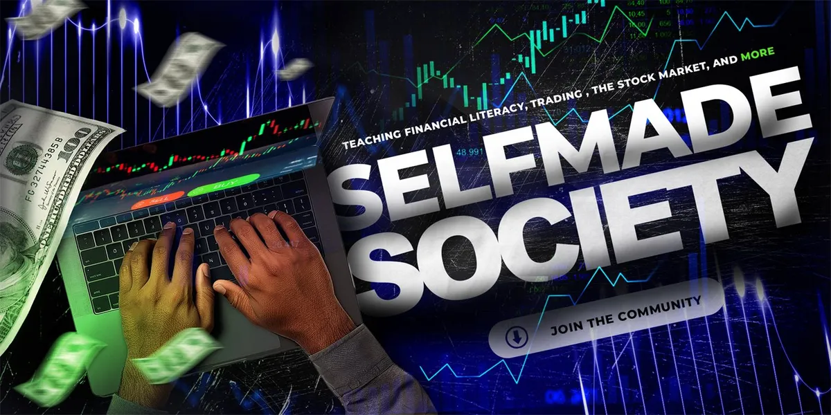 Promotional cover image for SelfMade Society, an options alerts and beginner trading education community.