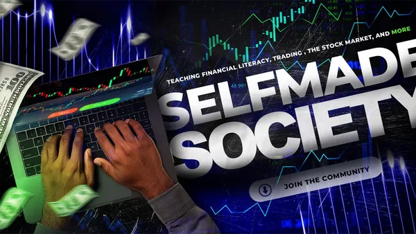 Promotional cover image for SelfMade Society, an options alerts and beginner trading education community.